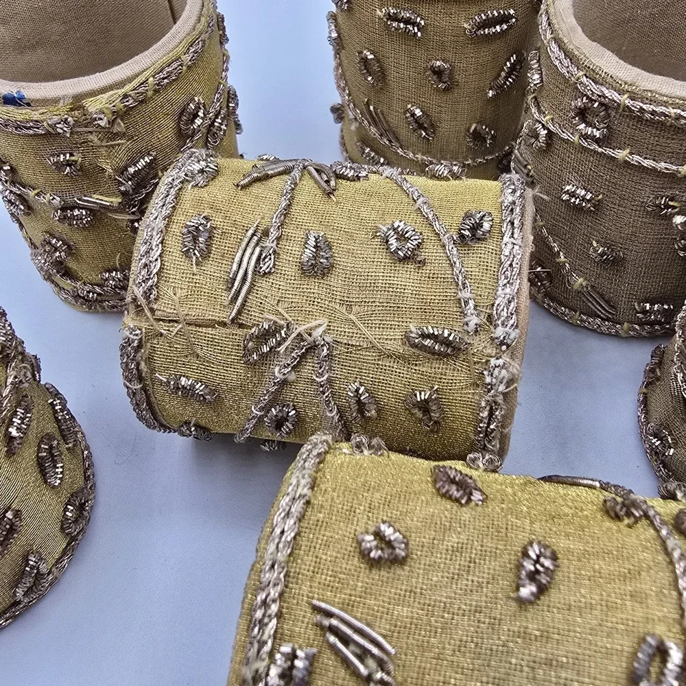 Set‎ (8) Vtg Round Napkin Rings Holders Gold-Tone Cloth Wrapped Bead Jewels